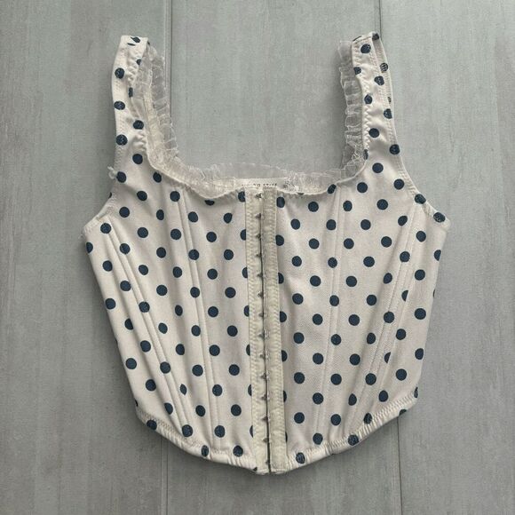Altar'd State Corset Top Crop Tank Polka Dot Small White Blue Ruffled Coquette S - Picture 1 of 6